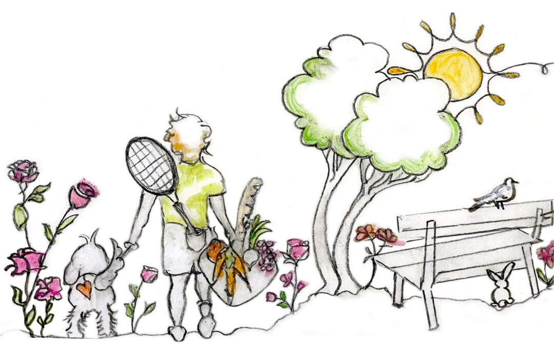 Annual Friends of Rose Park Gala on September 12, 2024 at 2713 Dumbarton St NW 6:30 p.m. Event image drawing of person with market basket and tennis racket looking at park with flowers, trees and bench